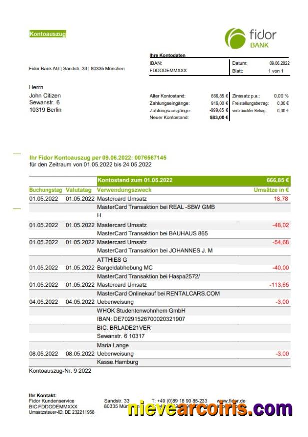 Germany Fidor bank statement